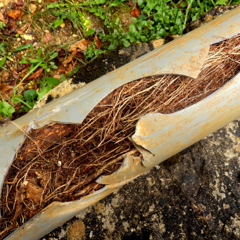 Roots inside a sewer pipe causing cracking